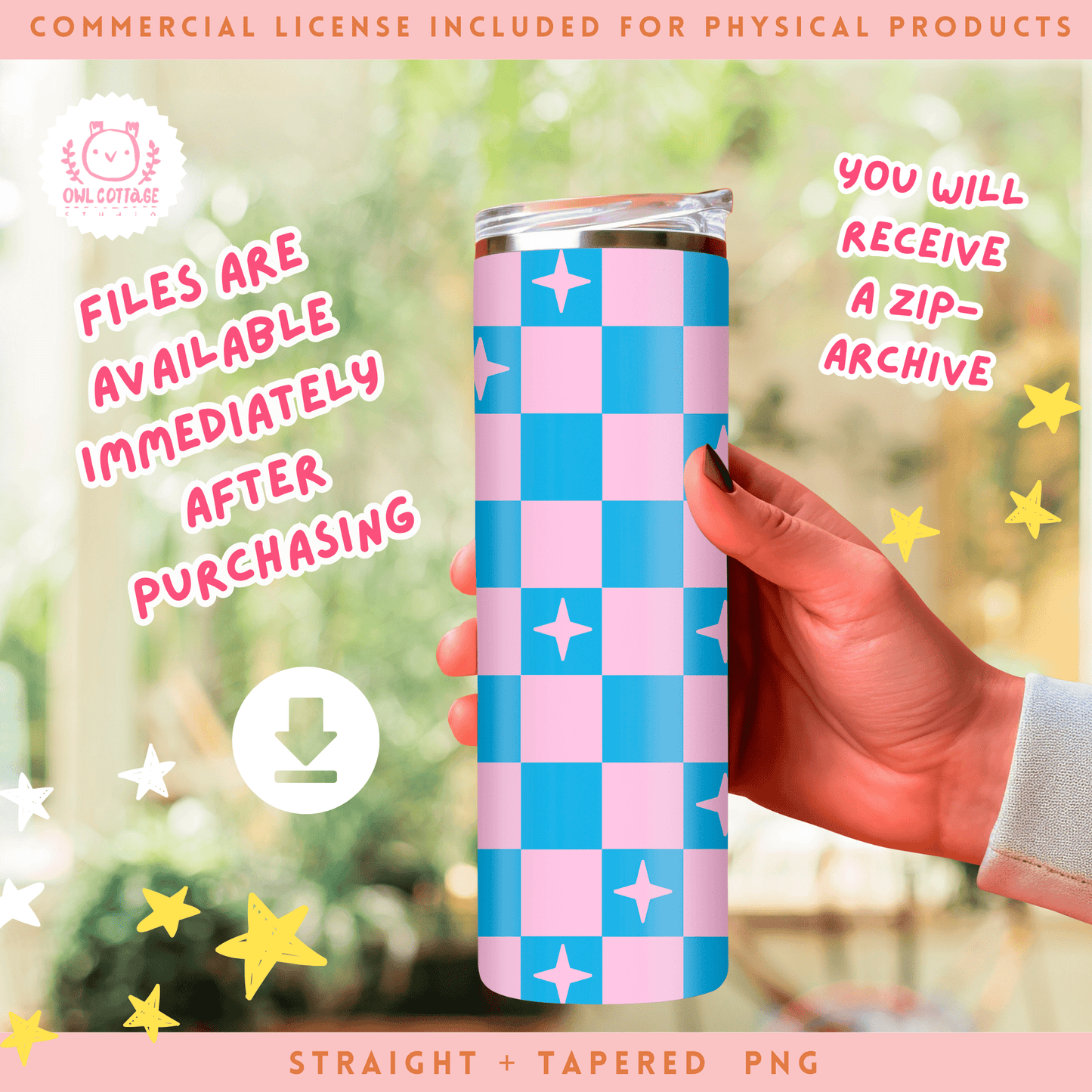 Blue Pink Checkered  Wrap, 20 oz Skinny Tumbler Designs for Straight/Tapered Tumbler