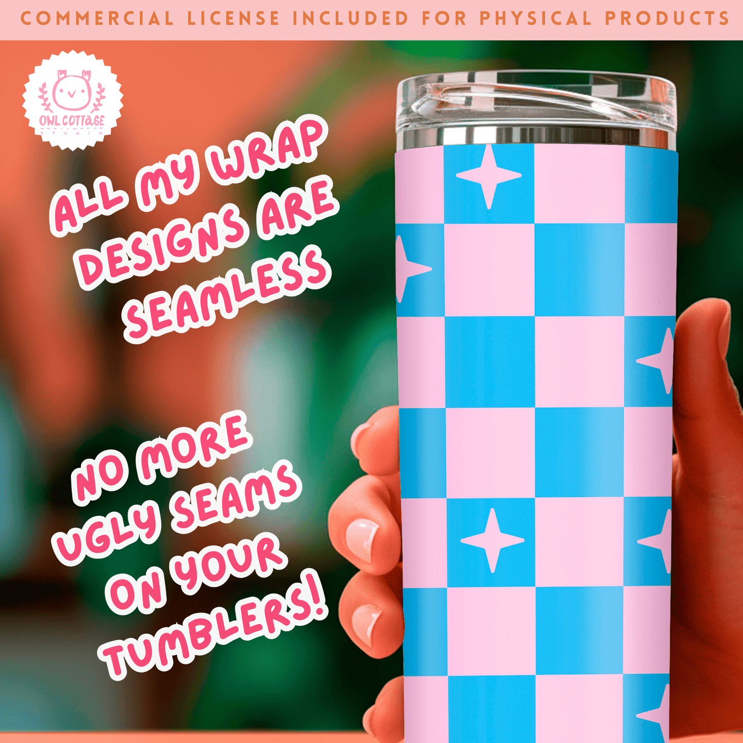 Blue Pink Checkered  Wrap, 20 oz Skinny Tumbler Designs for Straight/Tapered Tumbler