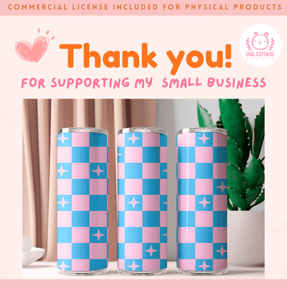 Blue Pink Checkered  Wrap, 20 oz Skinny Tumbler Designs for Straight/Tapered Tumbler