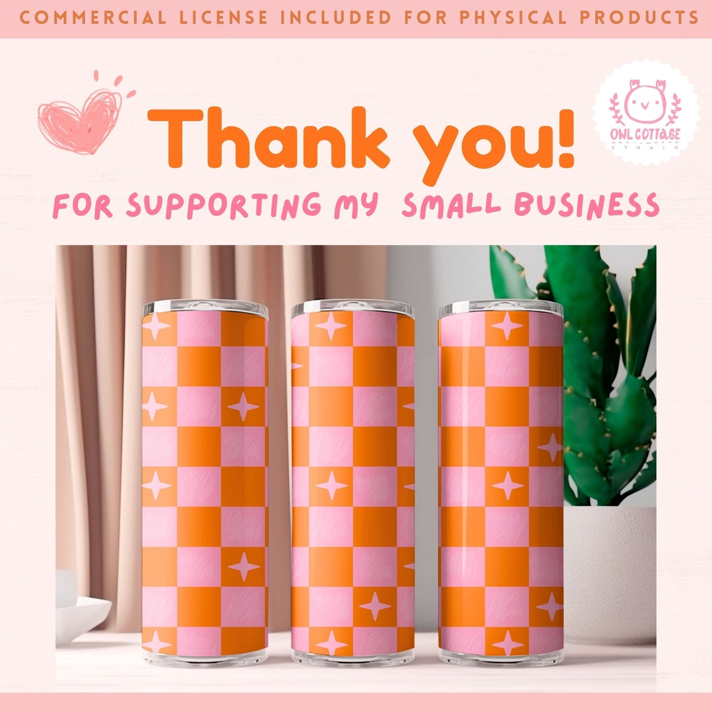 Tumbler Wrap, 20 oz Tumbler PNG, Checkered Tumbler Template Design,Boho Tumbler PNG Trendy Orange And Pink Checkered Tumbler Wrap for Commercial Use