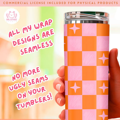 Tumbler Wrap, 20 oz Tumbler PNG, Checkered Tumbler Template Design,Boho Tumbler PNG Trendy Orange And Pink Checkered Tumbler Wrap for Commercial Use