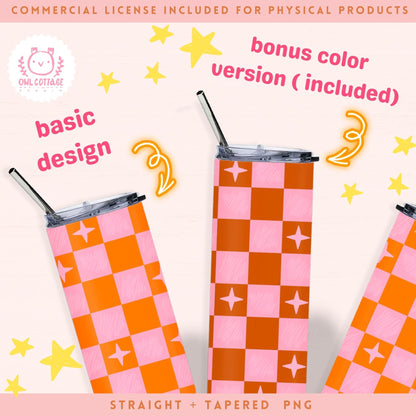 Tumbler Wrap, 20 oz Tumbler PNG, Checkered Tumbler Template Design,Boho Tumbler PNG Trendy Orange And Pink Checkered Tumbler Wrap for Commercial Use