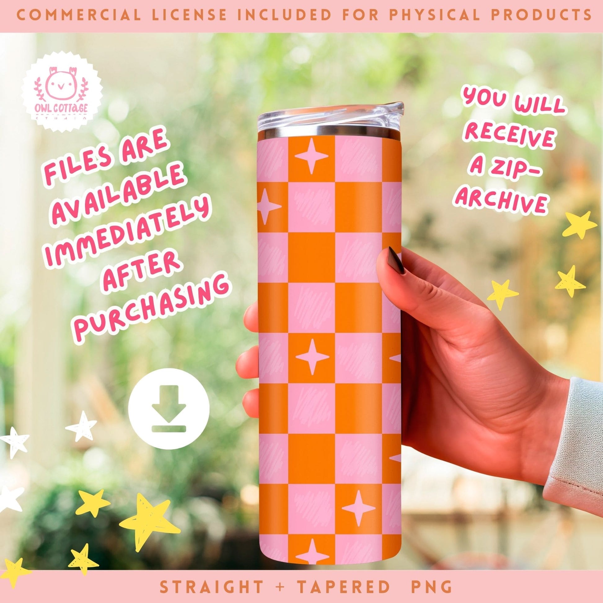 Tumbler Wrap, 20 oz Tumbler PNG, Checkered Tumbler Template Design,Boho Tumbler PNG Trendy Orange And Pink Checkered Tumbler Wrap for Commercial Use