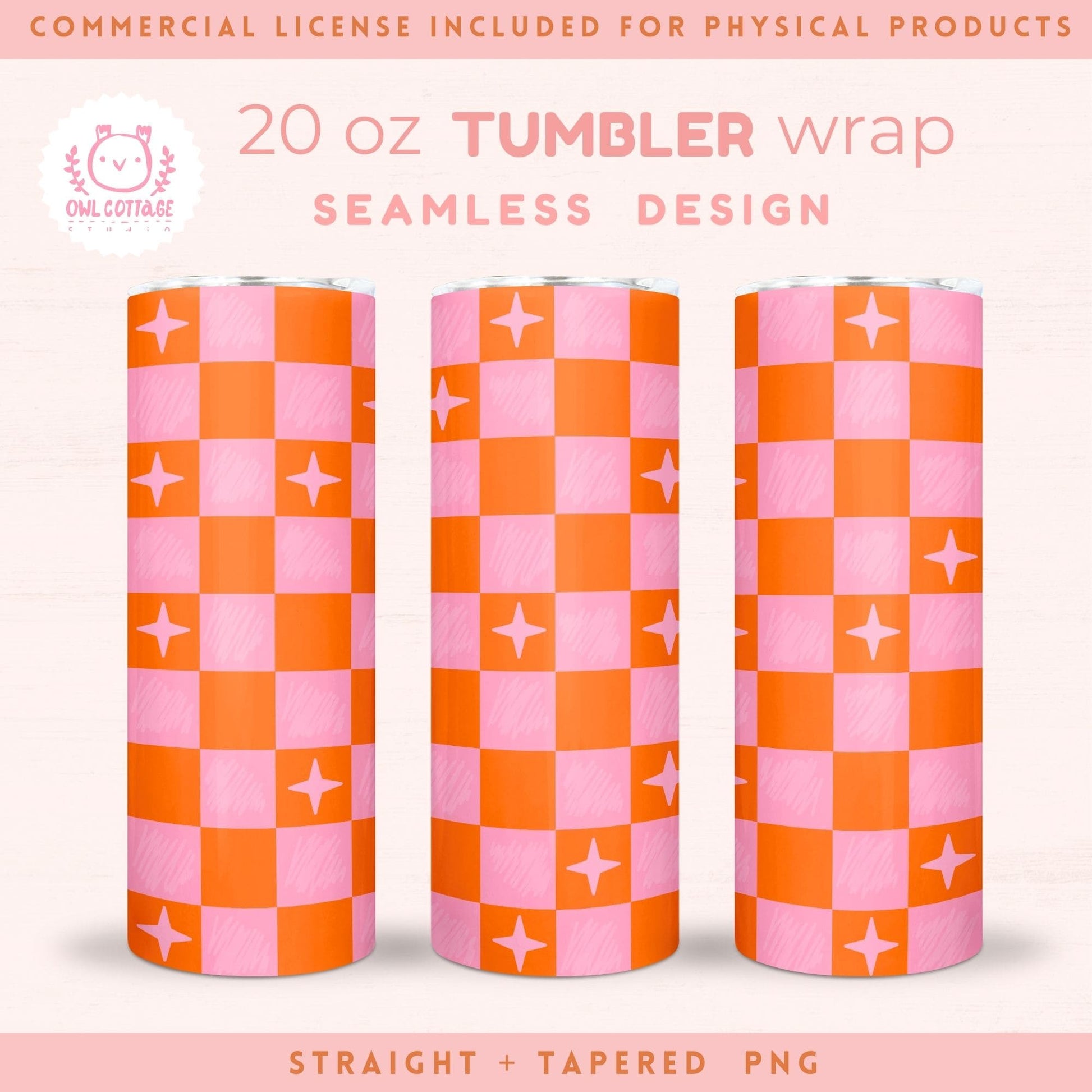 Tumbler Wrap, 20 oz Tumbler PNG, Checkered Tumbler Template Design,Boho Tumbler PNG Trendy Orange And Pink Checkered Tumbler Wrap for Commercial Use