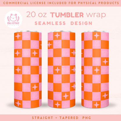 Tumbler Wrap, 20 oz Tumbler PNG, Checkered Tumbler Template Design,Boho Tumbler PNG Trendy Orange And Pink Checkered Tumbler Wrap for Commercial Use