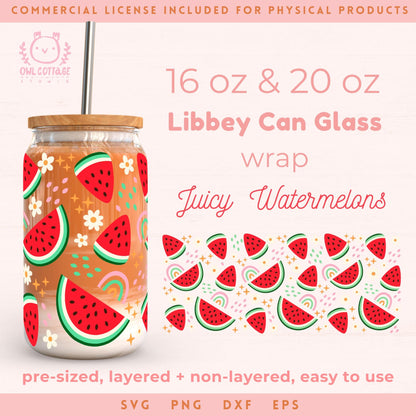 Watermelons And Daisies Wrap Svg, 16oz Libbey Glass Svg, Bows Glass Can Svg, Summer Glass Cup Svg, Libbey Glass 16oz Cut File, Trendy Can Glass Svg Trendy Summer Design, Watermelon drawings for Commercial Use