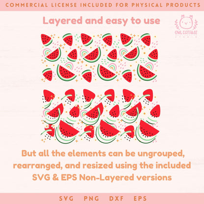 Watermelons And Daisies Wrap Svg, 16oz Libbey Glass Svg, Bows Glass Can Svg, Summer Glass Cup Svg, Libbey Glass 16oz Cut File, Trendy Can Glass Svg Trendy Summer Design, Watermelon drawings for Commercial Use